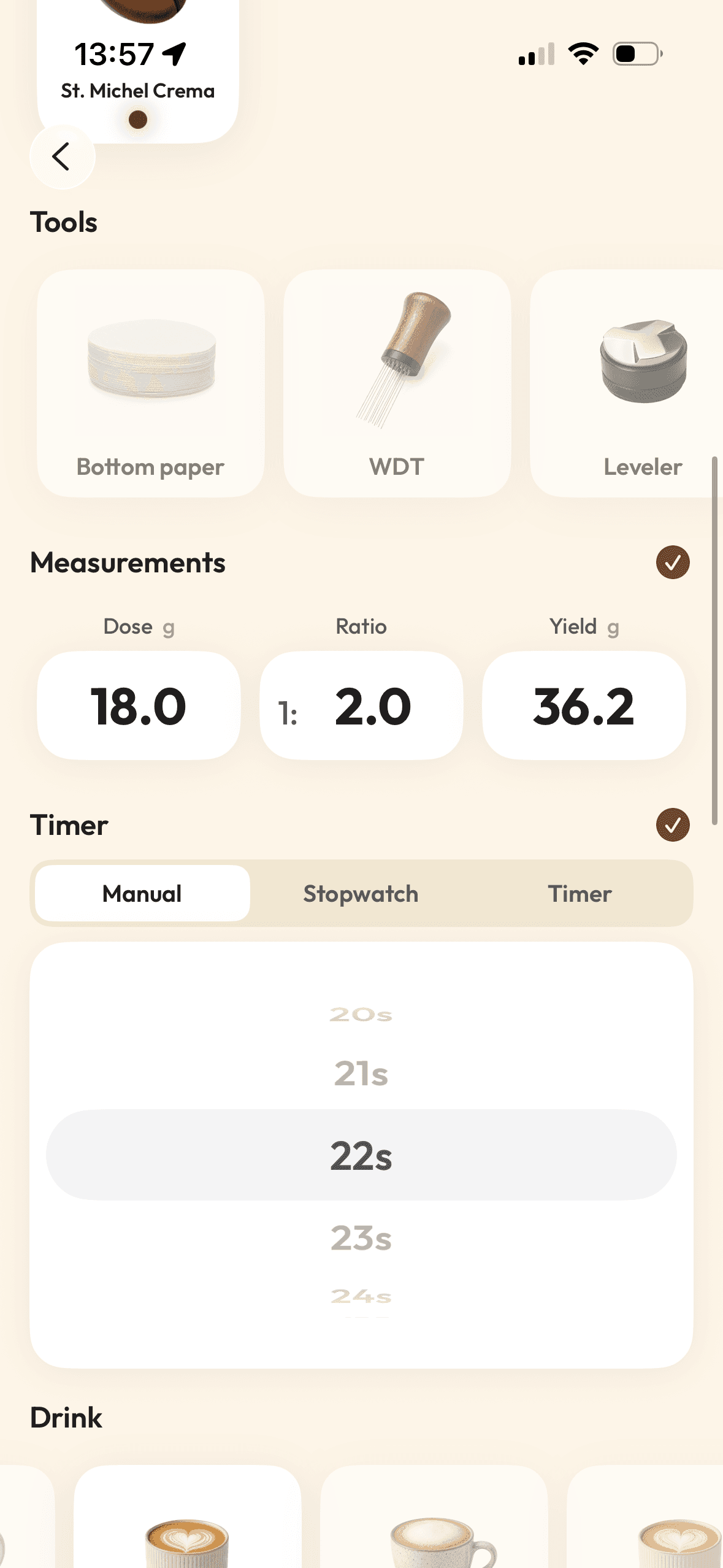 Logging an espresso shot in Koffeelab: dose, yield, time and ratio