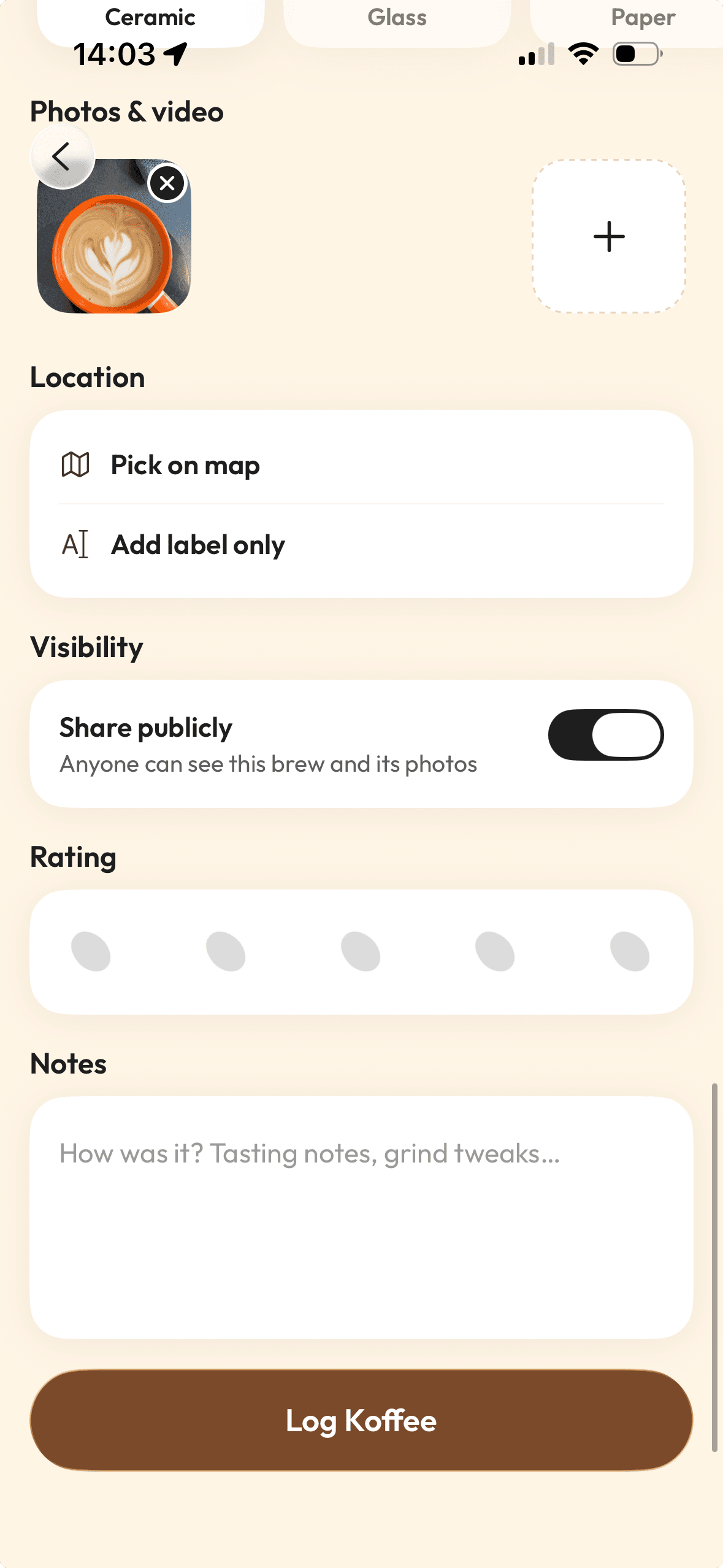 The Koffeelab brew form on iPhone, the last step before saving a brew