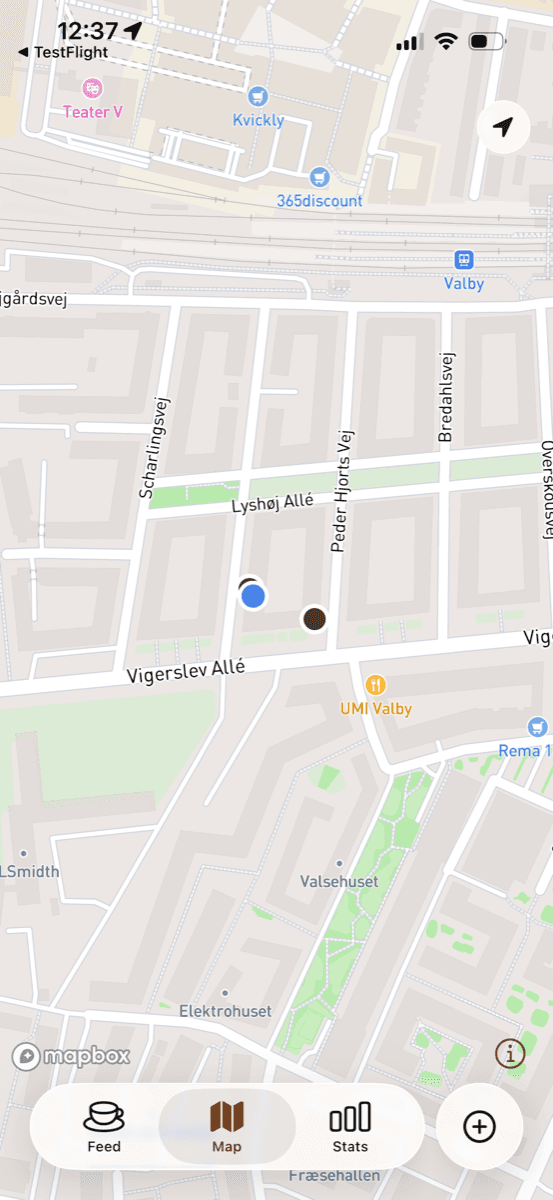 The map tab in Koffeelab showing brew pins around Valby station in Copenhagen