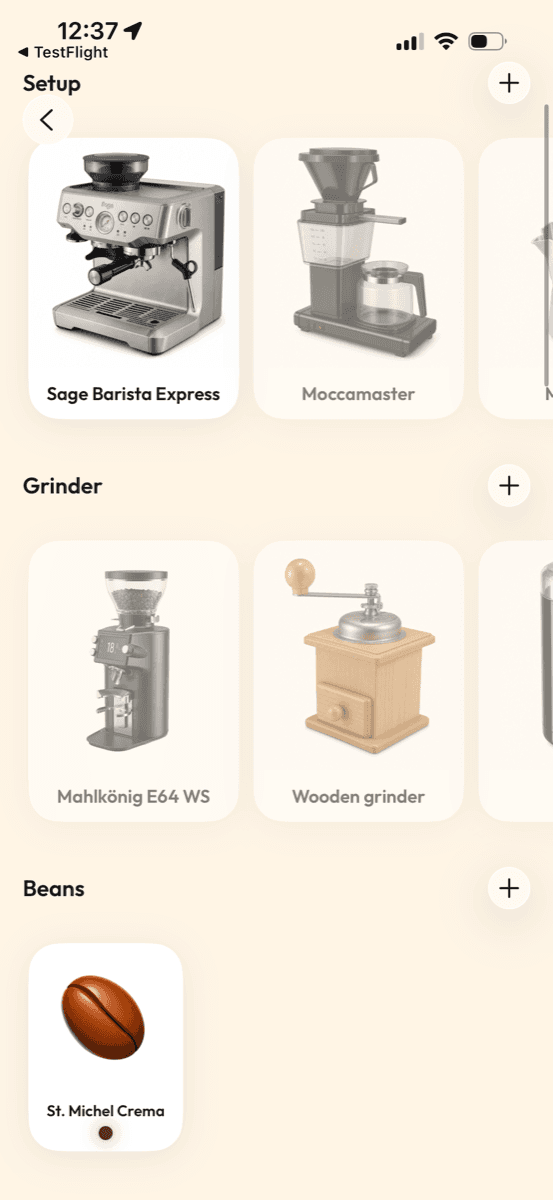 A saved setup in Koffeelab with its machine and grinder, and the beans pulled on it